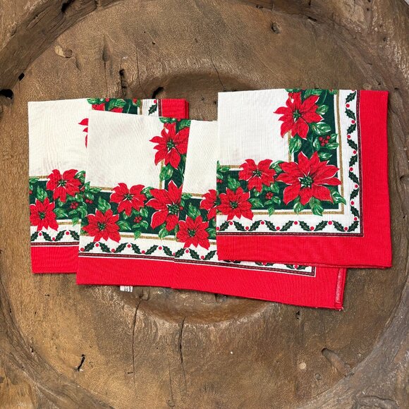 Vintage Sunweave Linens Christmas poinsettia napkins lot of 4 (16" square) NEW - Picture 1 of 4